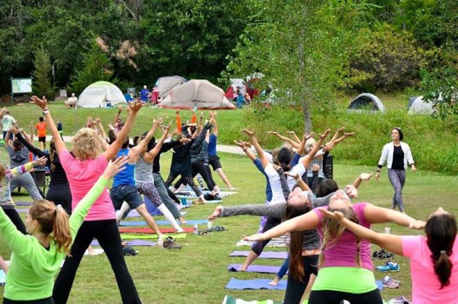 A group yoga session at this year's BaseCamp festival at Turkey Mountain. Organizers said up to 1,200 people attended this year's campout event. (BaseCamp Facebook page photo)