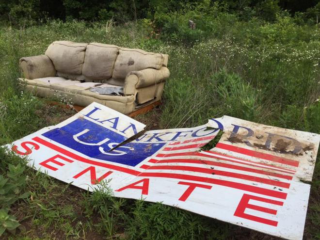 Included in the trash we picked up was this old campaign sign from U.S. Sen. James Lankford's most recent efforts. I'm sure the senator isn't responsible for dumping the sign here, but given his track record on conservation, climate and public lands, it's sort of fitting. In a sad way.